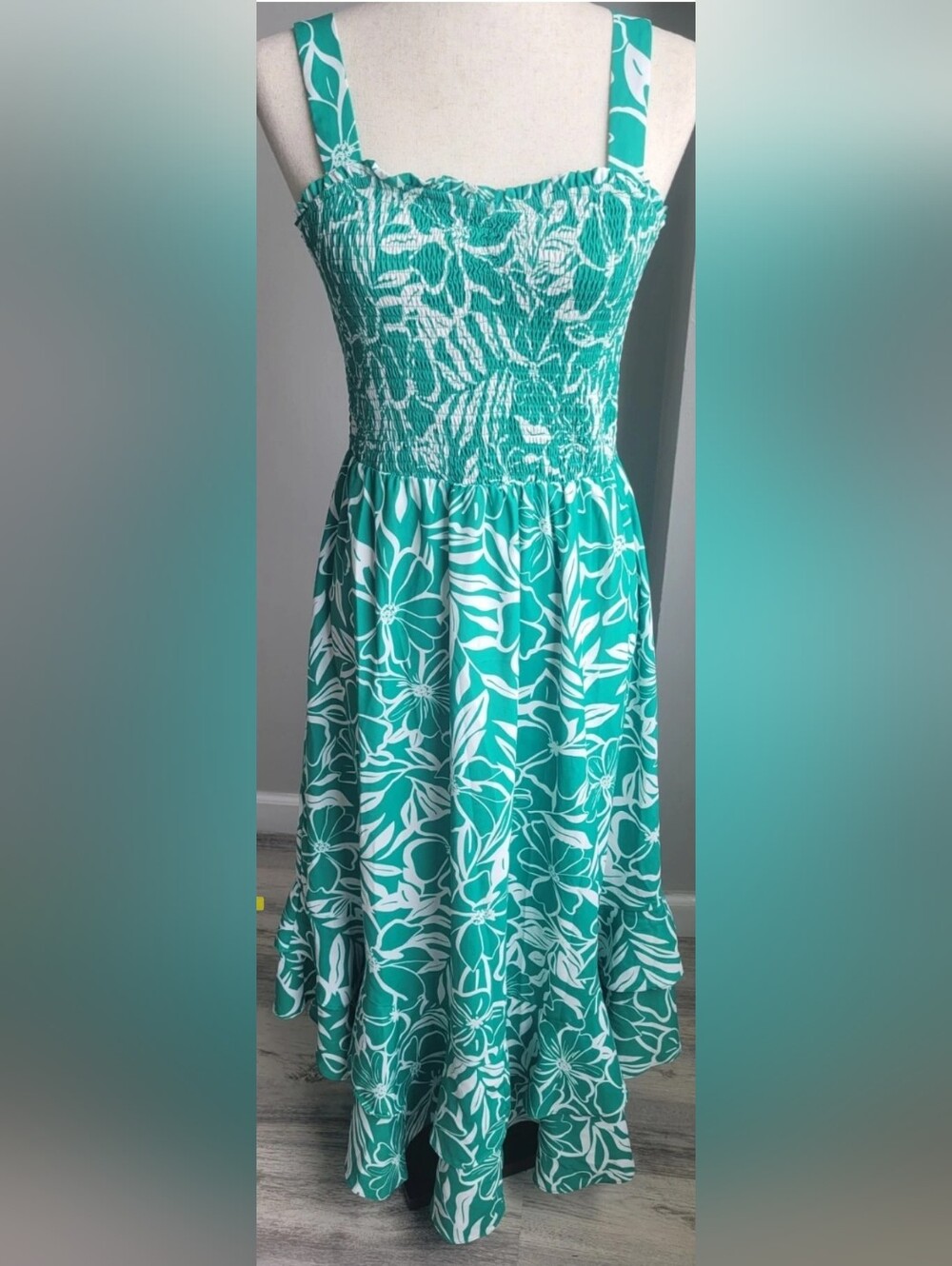 Grace Karin Green White Floral Smocked Maxi Dress Size M Tropical Resort
